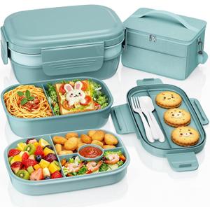 Adults Bento Lunch Box Set with Lunch Bag, 3-Tier Stackable Leak-Proof Lunch Containers, BPA-Free Bento Box with Built-in Utensils,Microwave & Dishwasher Safe for Work, School, Dining OutGreen