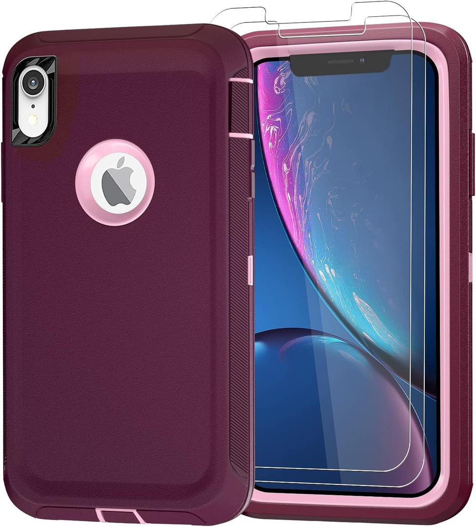 Case for iPhone XR Case 6.1" with 2 Screen Protector Tempered Glass, Rugged Full Body Heavy Duty Protective Cover, Shockproof Drop-Proof Military Grade Phone Case (Wine Red+Pink)