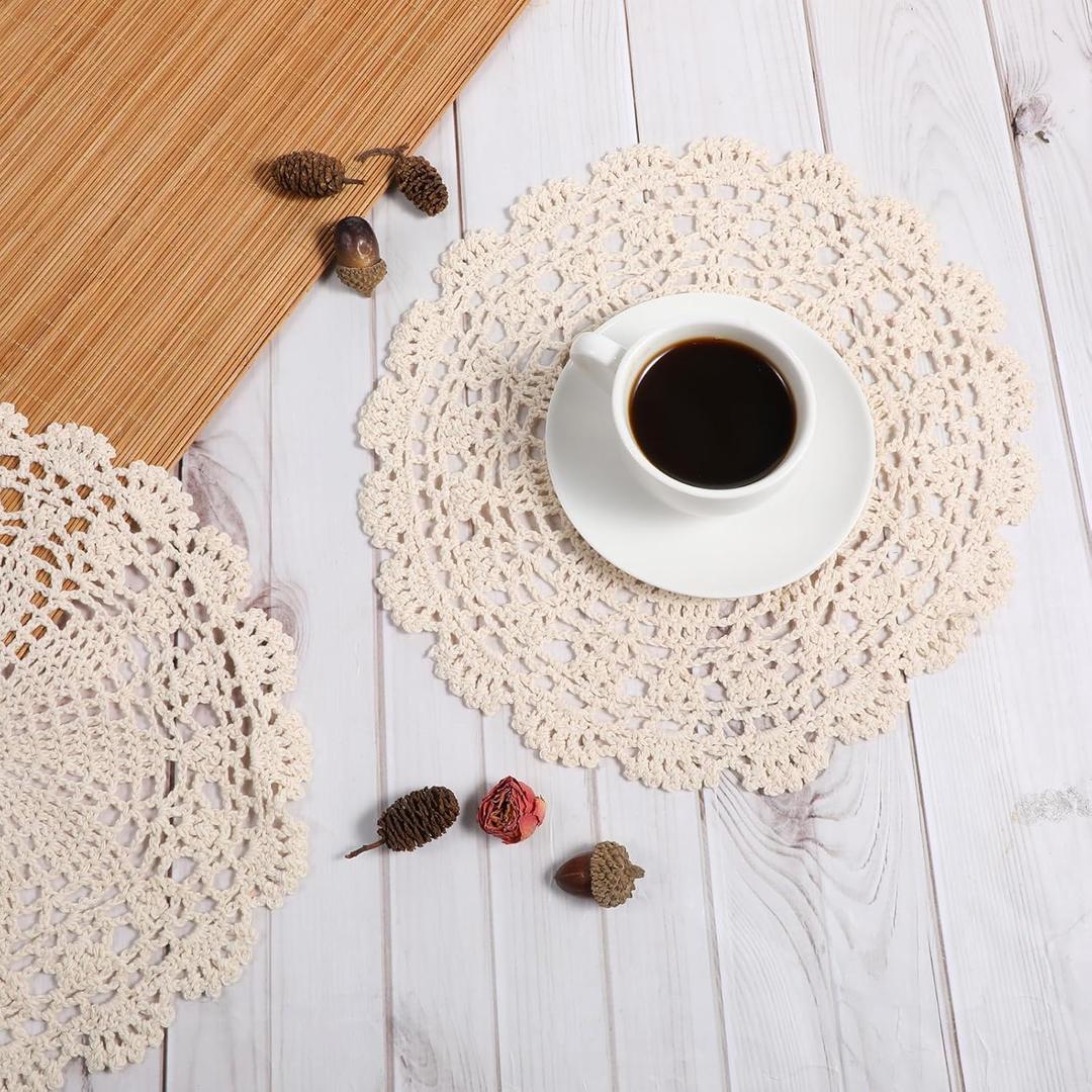Lace Placemats,Crochet Doilies,Doilies for Tables Cotton Round Crochet Placemats 3 Pcs 10 Inch Table Lace Hollow Corrugated Placemat for Furniture Kitchen Dining Party Holiday Weddings Decor(Beige)