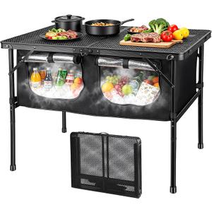 Folding Camping Table with Storage and Insulated Cooler Bag | Removable Insulated Cooler Bag, 35.4 x 23.6 In Mesh Top And 16.5-26 In Adjustable Height For Camp Cooking, Bbq And Rv Trips