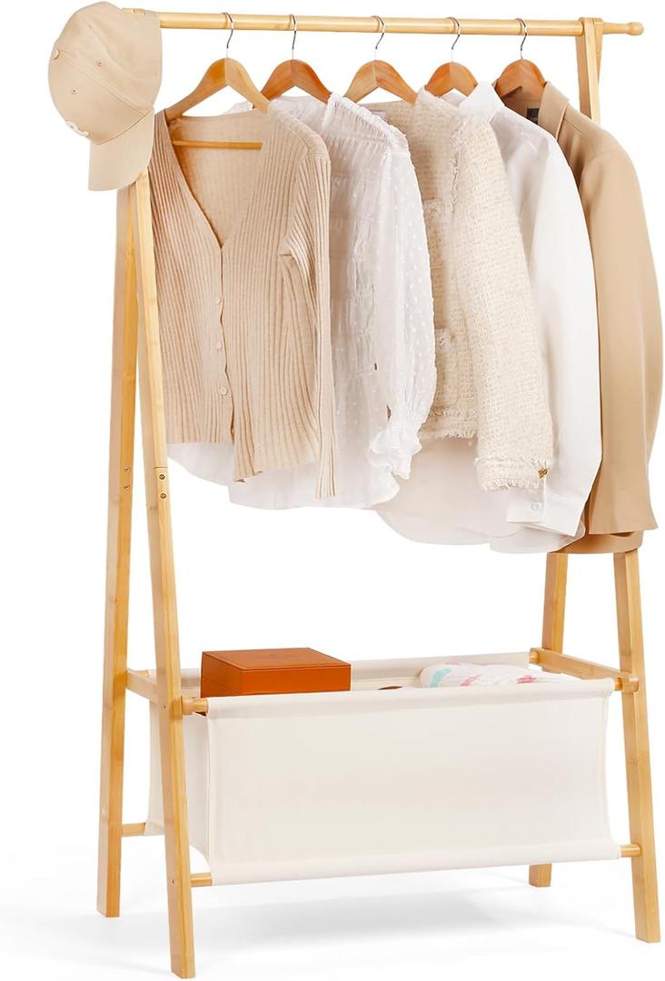 Relquorax Bamboo Clothes Rack with Storage Box, Portable Extra Large Garment Rack Clothing Rack, Foldable Wardrobe For Entryway and Bed Room (M)