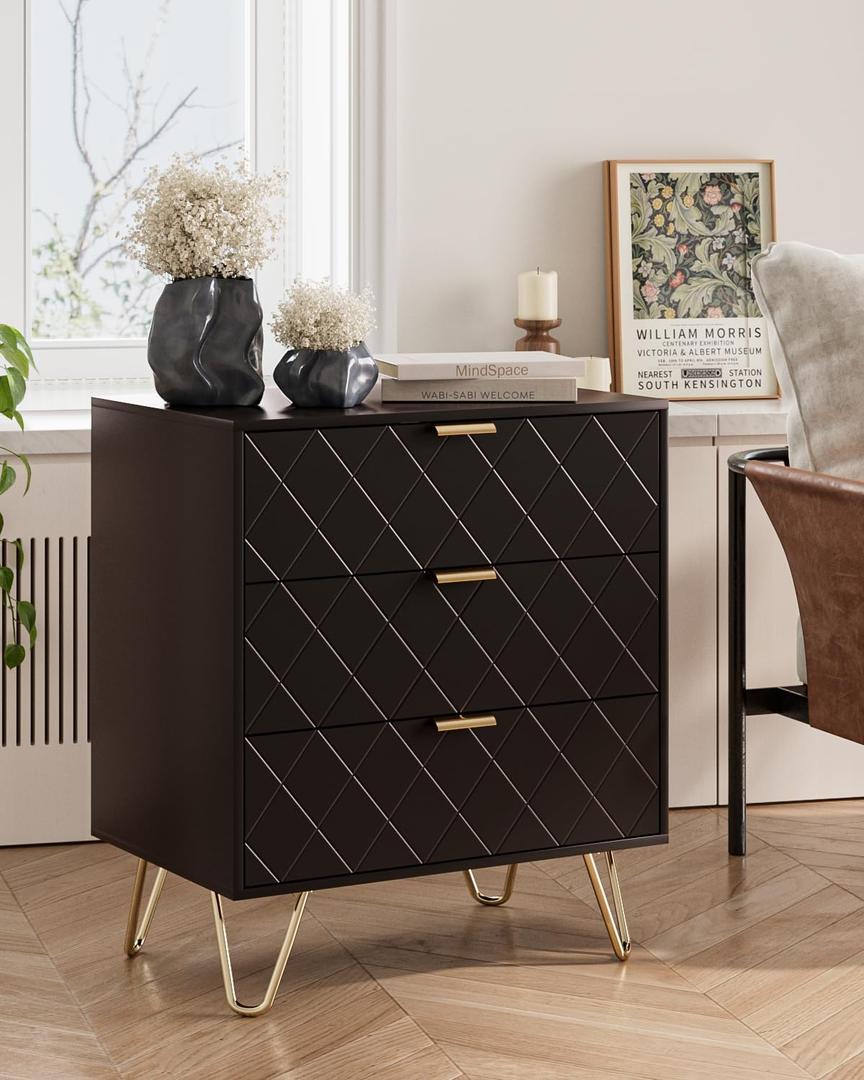 3 Drawer Dresser for Bedroom, Fluted Modern Closet Dressers Chest of Drawers, Small Storage Dresser Chest Cabinet Organizer Unit (Black Diamond)