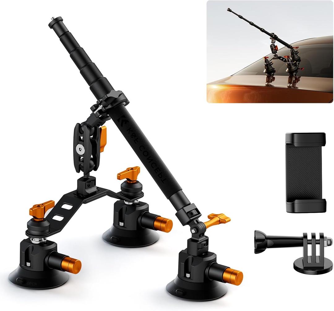 K&F CONCEPT Triple Suction Cup Car Mount for Camera, Heavy Duty 3-in-1 Kit with 15 Curved Surface Adjustment, Extension Pole & Phone Holder, Compatible with Insta360 X5/X4 GoPro DJI Action 5/4/3/2