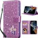UEEBAI Wallet Case for Samsung Galaxy S24/S25 5G, Glitter PU Leather Phone Case Card Slots Kickstand Case Magnetic Closure Bling Flip Case Shockproof Hand Strap Flip Cover - Glitter Purple