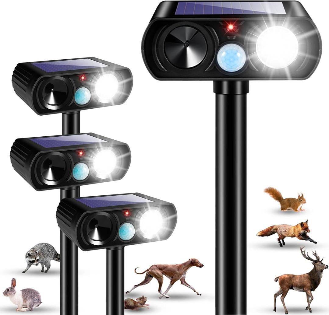 2025 Solar Ultrasonic Racoon Fortress Pro, Deer Cat Repellent Devices Animal Repeller Squirrel Rabbit Deterrent Outdoor with Motion Sensor&Flash Light to Scare Dog Skunk Out of Garden Farm Yard (4Pack)