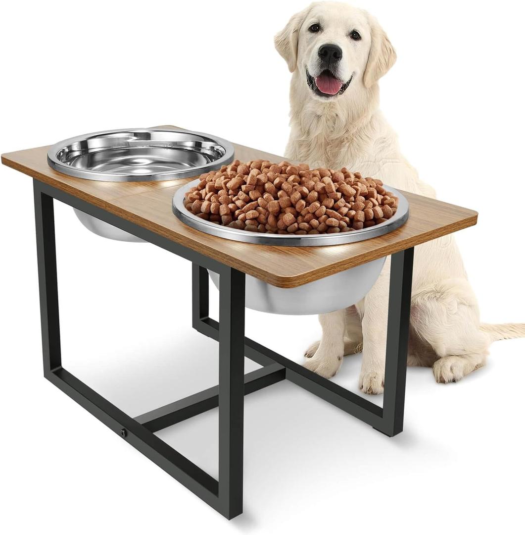 Spacnom Elevated Dog Bowls for Large Dogs, Raised Dog Bowl Stand with Two X-Large Stainless Steel Bowls for Dogs, 3.5L Capacity, Rustic Walnut
