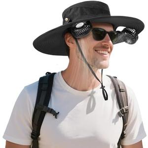 AMACOOL 2-in-1 Hands-free Hat Fan with 5200mAh Detachable Neck Fan, UPF 50+ Wide Brim Sun Hat, 16Hrs Running, 3-Speed Adjustable, Fishing Essentials for Men Women Camping Travel Delivery Outdoor,  Black