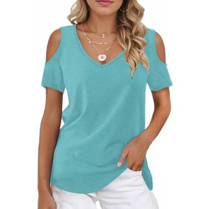 Buauty Womens Summer Trendy Shirts V Neck Criss Cross Cold Shoulder Tops Solid Color Fashion Casual Loose Sexy Blouse (Medium, Turquoise)