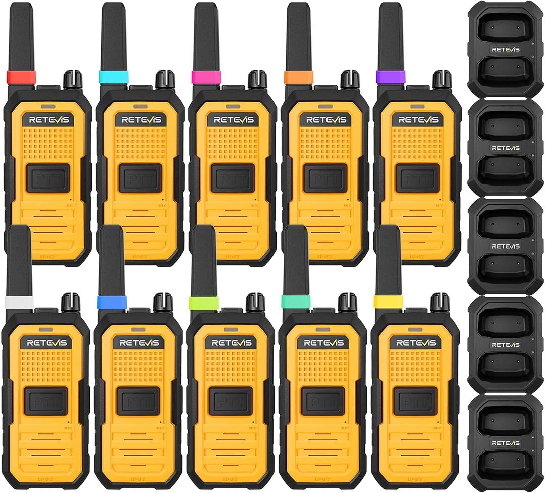 Retevis RB48A IP67 Waterproof Walkie Talkies Long Range Adults, Heavy Duty 2 Way Radio, Noise Reduction, Large PTT, 1000mW Speaker, 23-Hour, Rechargeable, for Manufacturing Construction (10 Pack), With Dual Charger