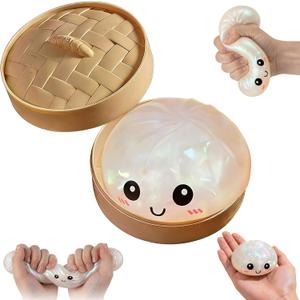 Glitter Dumpling Squishy, Soft Squeeze Stress Relief Fidget Ball with Mini Steamer Box, Colorful Stretchy Decompression Sensory Toy for Adults & Kids (Glitter White)