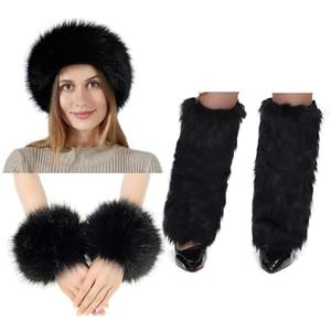 Fancylovesotio 5 Pieces Faux Fur Headband Arm Cuffs Leg Warmers Ear Furry Warmers for Cold Weather Furry Costumes (Black)