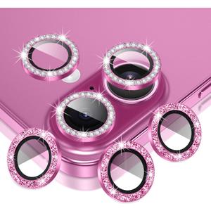AGVEE 3+3 6 Pack for iPhone 16 6.1" / 16 Plus 6.7" Camera Lens Protector, Bling Diamond & Bling Glitter Metal Ring 9H Tempered HD Glass Camera Cover Film, Bling-Rose