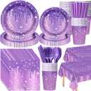 Funnymoom 452 Pcs Purple and Silver Birthday Party Decorations Include Glitter Purple Paper Plates and Napkins Cups Tablecloth Cutlery Straws Disposable Tableware Set for Women Birthday Supplies