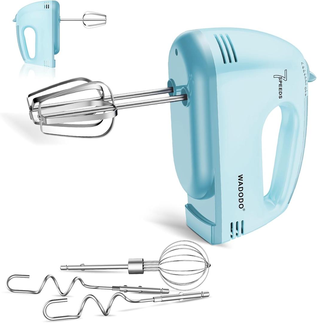 WADODO 7-Speed Electric Hand Mixer  Portable Food Mixer Kitchen Mixer with 304 *(1x Whisk, 2x Beater, 2x Dough hook) for Baking Cakes, Cream, Cookies, Blue