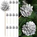 Thiccywoov 12 Pcs Sliver Christmas Glitter Pine Cones Picks for Christmas Tree 3.15 Inches Pinecone with Wired Stem Artificial Xmas Tree Ornaments Decorations for Garland Wreath DIY Craft