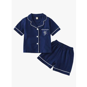 JWWN Toddler Boys Girls Summer Pajamas Short Set Baby Button Down Sleepwear, Little Kids Sleep Shirt & Shorts 2Pcs PJ Set Dark Blue, 4-5T