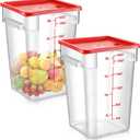 Suclain 2 Pcs Square Food Storage Container Polycarbonate Clear Food Container with Red Lid Commercial Rice Storage with Red Graduations for Commercial Kitchen (Quarts, 22)