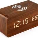 OCT17 Alarm Clock with Qi Wireless Charging Pad Compatible with iPhone Samsung Wood LED Digital Clock Sound Control Function, Time Date, Temperature Display for Bedroom Office Home- Brown