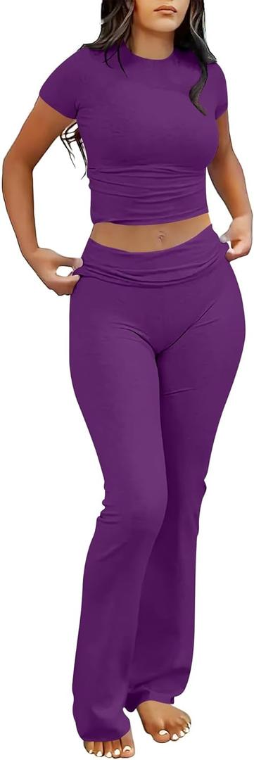 ANRABESS Lounge Sets for Women 2 Piece Foldover Yoga Flare Leggings Pants Crop Tops Casual Y2K Outfits Matching Tracksuit Set (X-Small, Deep Purple)