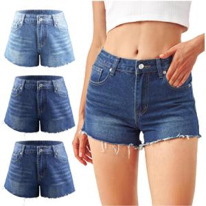 Liloak Womens Pack of Washed Denim Jean Shorts Mid Rise Casual Ripped Frayed Hem Summer Hot Shorts Pack (Blue, M)