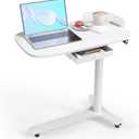 Rolling Desk Adjustable Height with Drawer and Wheels, Portable Small Standing Desk Pneumatic for Home Office, Mobile Computer Laptop Cart, Medical Sofa Overbed Table, White