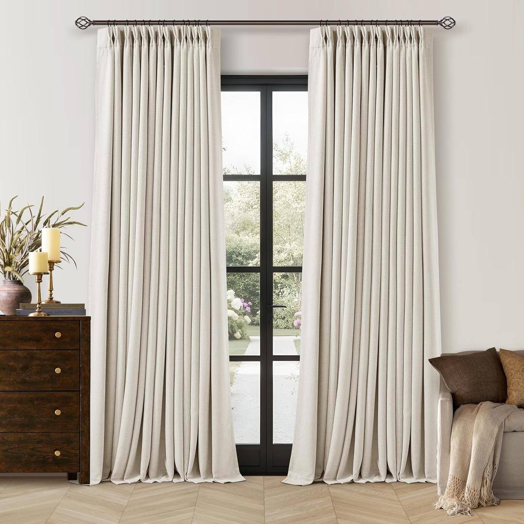 90 Inch Pinch Pleated Blackout Linen Curtains for Bedroom 2 Panels Memory Trained 100% Black Out Soundproof Room Darkening Natural Cream Ivory Birch Window Curtains Double Layer Pinch Pleat Drapes