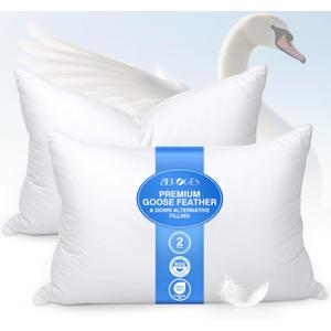 Feather Pillows Queen Size Set of 2 - Goose Down Hotel Bed Pillow for Sleeping, Soft 600 Thread Count Cotton Cover, Fluffy Support Surround Fill Polyester for Side, Back, Stomach Sleepers Feather Pillows Queen Size Set of 2 - Goose Down Hotel Bed Pillow for Sleeping, Soft 600 Thread Count Cotton Cover, Fluffy Support Surround Fill Polyester for Side, Back, Stomach Sleepers