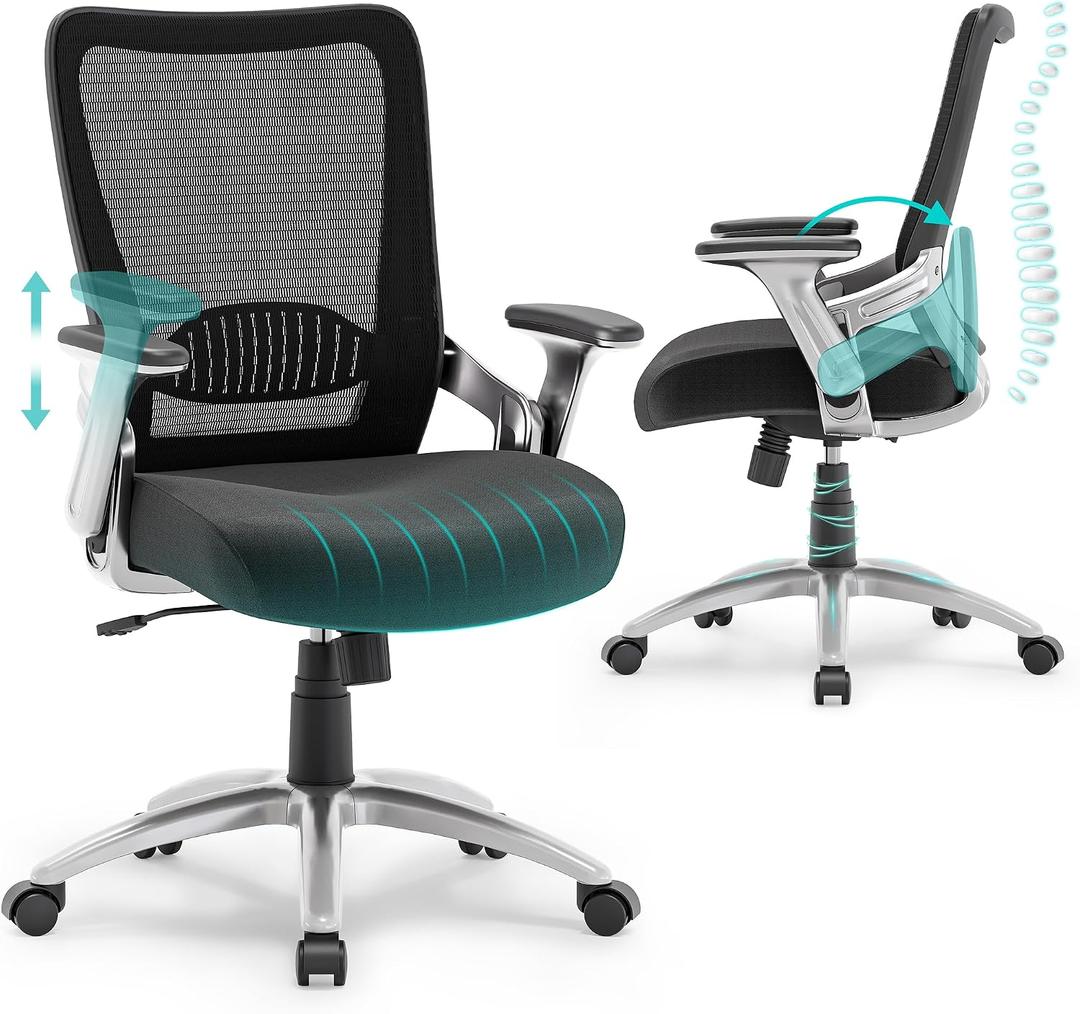 SUNNOW Office Chair, Ergonomic Computer Desk Chair, Sturdy Executive Task Chair - Adjustable Lumbar Support, Flip-up Arms, Tilt Function, Comfy Wide Seat, Swivel Mesh Home Office Desk Chairs (Black), Medium