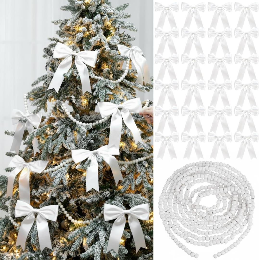 25 Pcs Christmas Tree Decorations 19.7 ft Christmas Wooden Beads Garland with 24 Pcs 7.9 x 9.8 Inches Satin Bows Wooden Beads Garland Ornaments for Xmas Tree Fence Fireplace Decorations
