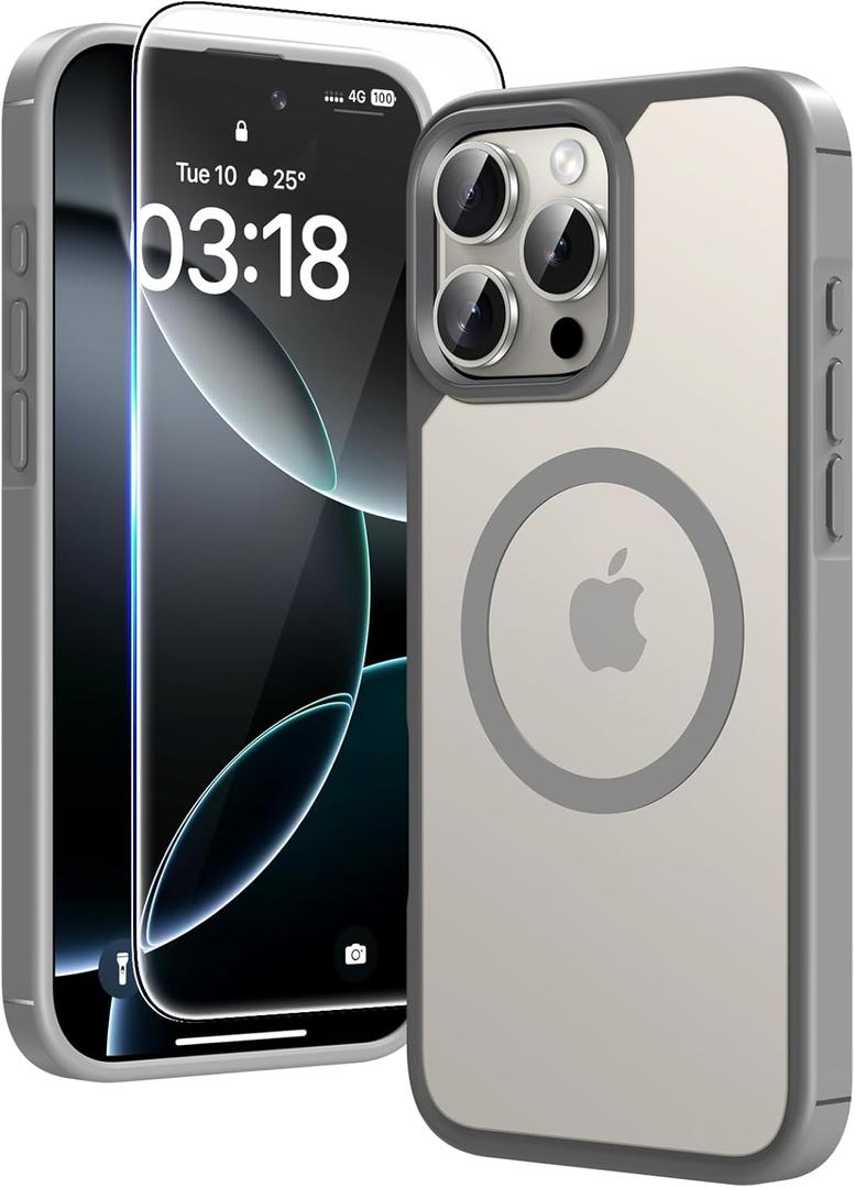 TAURI 3 in 1 for iPhone 16 Pro Case, Compatible with MagSafe [Not-Yellowing] with 2X Screen Protectors, Military-Grade Protection, Slim Magnetic Case for iPhone 16 Pro 6.3", Gray