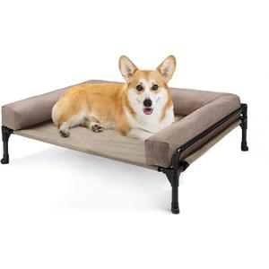 Veehoo Outdoor Elevated Dog Bed-Cooling Raised Dog Cot for Medium Sized Dog | Three-Sided Fence Raised Pet Cot with Mesh & No-Slip Feet Dog Hammock Bed with Removable Bolster-29" x 18" Beige