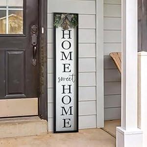Welcome Sign for Front Porch Decor - Charming Home Sweet Home Sign, 45"x 9" Large Vertical Tall Wood Framed Modern Rustic Farmhouse (Black)