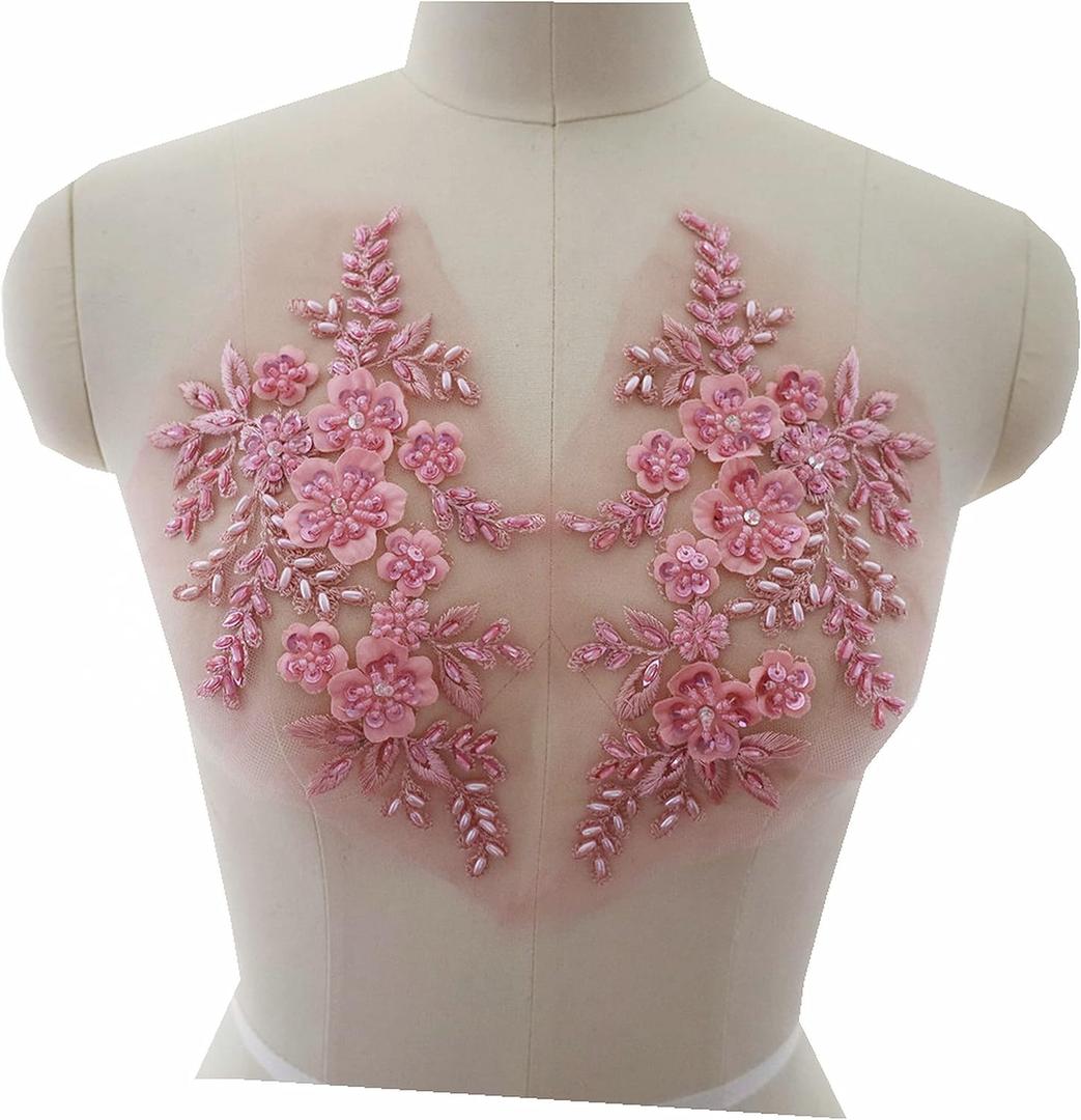 2Pcs Embroidered Beads 3D Flower Applique Lace Fabric Collar Patches Sew Patch Wedding Bridal Gown Clothes Dress Decor DIY Crafts (Pink)