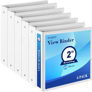 2 Inch 3-Ring Binder, 2" Round Ring Binder with 2 Inside Pockets, 6 Pack White Binders, Clear View Cover, Holds Up to 450 Sheets 8.5" x 11" PaperDurable Binders for Office/Home/Back to School