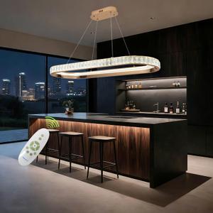 Gold Led Chandelier Crystal Modern Chandeliers for Dining Room Light Fixture Dimmable Led Pendant Light for Kitchen Island Lighting with Remote Luxury Oval Ring Ceiling Hanging Chandelier