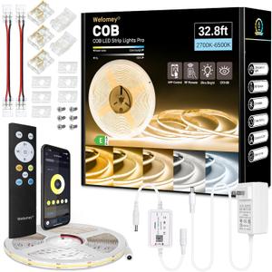 Wefomey COB LED Strip Light White, 33ft Dimmable 2700K-6500K High Density 24V Flexible LED Tape Light with Remote and APP Control, White led Strip Lights for Bedroom Kitchen Christmas Decor