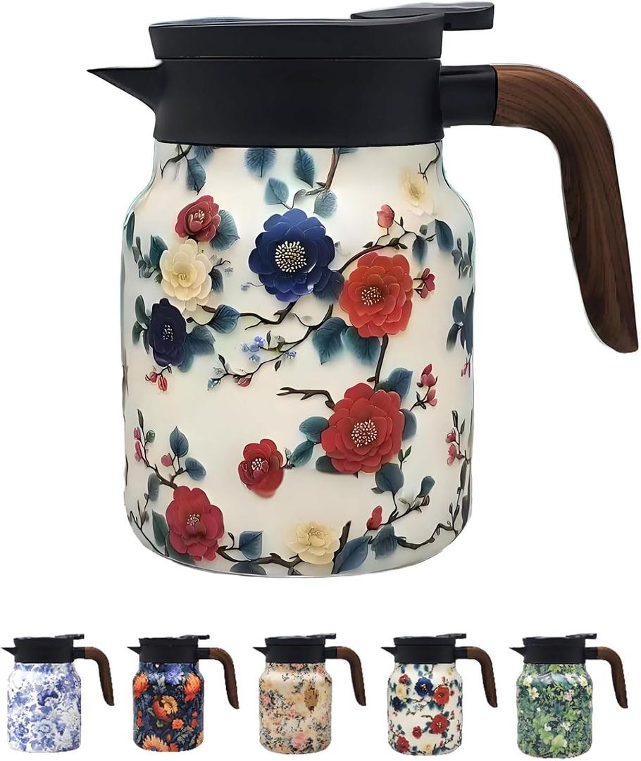 Vintage Pattern Coffee Carafes, 35 Oz/1 Liter - Hot and Cold with Infuser, Perfect for Parties/Home Use (Plum Flower)