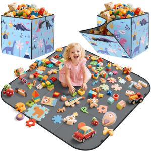 YOHOOLYO 2 In 1 Toy Storage Bin Play Mat, Storage Box for Kids Children Space Adventures Design,Nursery, Playroom, Basket for Building Bricks Blocks Collapsible Cube Bin, 16.9"x16.9"x16.9"