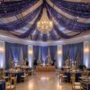 12 Panels Dark Blue Ceiling Curtains with Lights for Weddings - 5ftx10ft Wrinkle-Free Tulle Fabric Wedding Arch Draping Ceiling Drapes Decorations for Wedding Party Ceremony Stage Tent Event