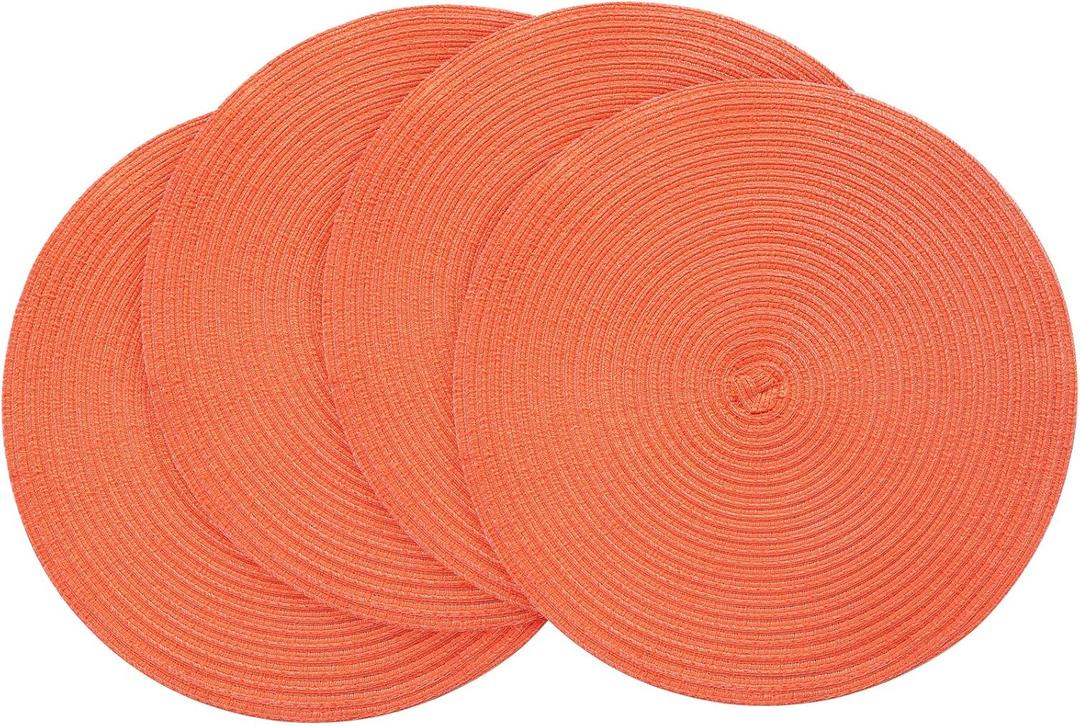 Floroom 15 Inch Round Braided Placemats Set of 4, Washable Heat Resistant Cotton Polyester Circle Place Mats for Kitchen Dining Table - Coral Orange (4pcs)