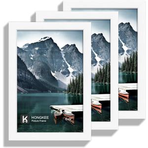 Hongkee 6x9 Picture Frame - Made of Real Glass and White Wooden Frame, 6 by 9 Photo for Wall or Tabletop Display, 3 Pack