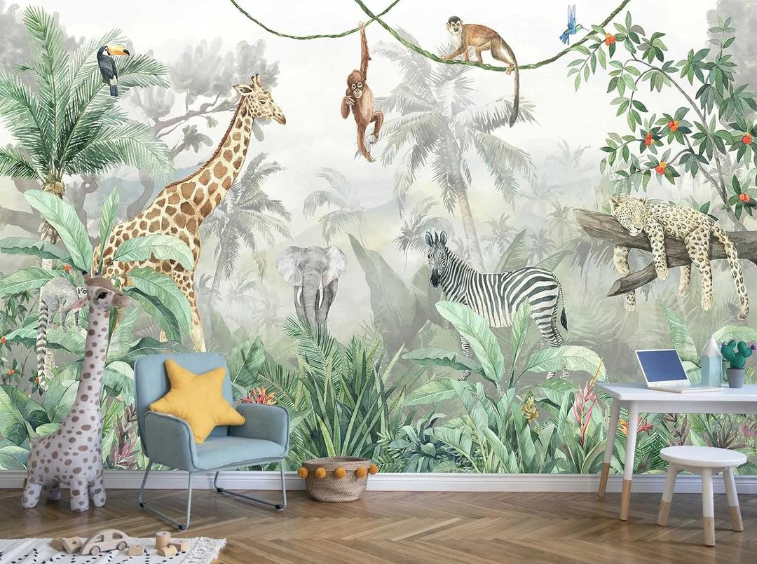Reyhui Kids Wallpaper Tropical Leves and Safari Animals Wall Mural for Wall Bedroom Living Room TV Background Sofa WallNot Peel and Stick