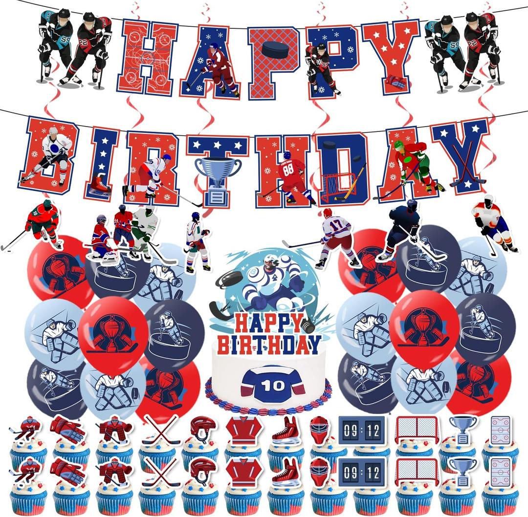 Hockey Birthday Decoration Set, Ice Hockey Sport Happy Birthday Banner, Party Supplies with Banner, Hanging Swirl, Balloon, Cake Topper, Cupcake Topper