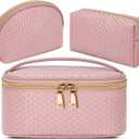 KTMOUW Makeup Bag 3 Pcs Waterproof Cosmetic Bag Set Portable Travel Cosmetic Bag Multifunction Organizer Storage Bag Weave Toiletry Bag for Women, Pink