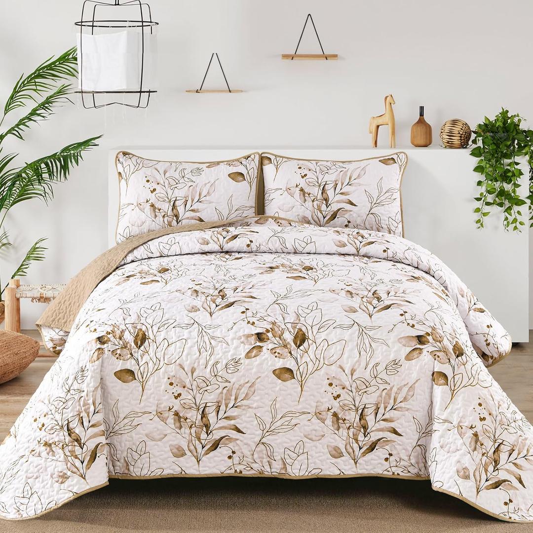 Aninbedding Floral King Quilt Set,Brown Botanical Bedspread Coverlet Set with 2 Pillowcases,Lightweight Soft Micorfiber Bedding Set for All Season(104"x90")