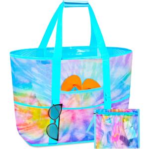 Mesh Beach Bag - Large Beach Tote Bag Women Pool Bags with Zipper 10 Pockets Foldable Beach Toy Bag for Towel, Flip Flops (Tie Dye)
