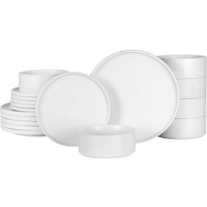 GZG Classic Series - Plates and Bowls Set for 6, 18 Piece Stoneware Dinnerware Sets, Microwave and Dishwasher Safe Lead-Free Handcrafted Ceramic Dishes Set - Ivory White