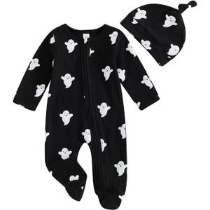 Newborn Infant Baby Girl Boy Halloween Outfits Ghost Footed Onesie Knit Long Sleeve Romper + Hat/Bow 2Pcs (0-3 Months)