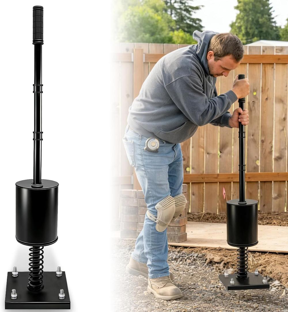 Steel Tamper Tool, Ground Tamper Tool with Adjustable Handle, Fillable Weight Tube, Buffer Spring, Heavy Duty Tamper for Efficient Leveling Soil, Installing Paving Stones, Asphalt, Driveways, Sand