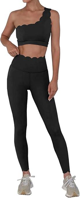 Fisoew Workout Sets for Women 2 Piece High Waisted Leggings with One Shoulder Stretchy Sports Bra Gym Tracksuits Large